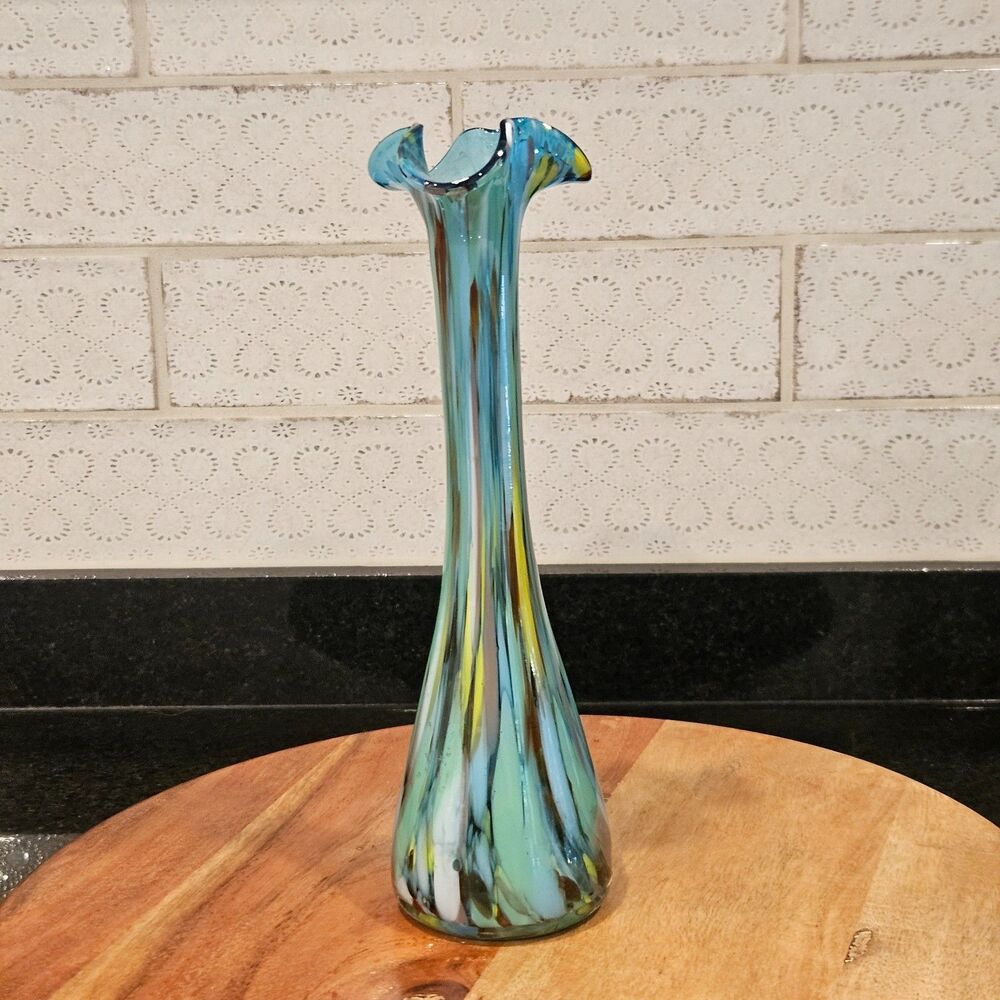 Mid Century Turquoise Blue Swirl Glass Vase Confetti Ruffle Edge 9.75"